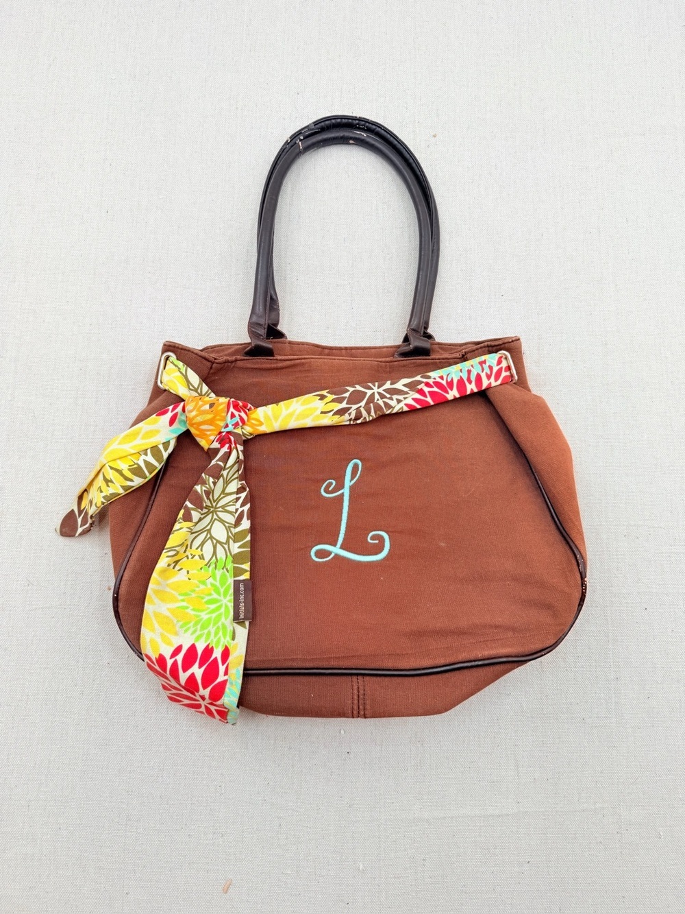 Brown Canvas Tote Bag with Monogram L and Colorful Scarf